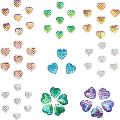 100pcs 12mm Fish Scale Heart Resin Flat Back Cabochon Decoration Charm Mermaid Peach Heart DIY Handmade Jewelry Wholesales