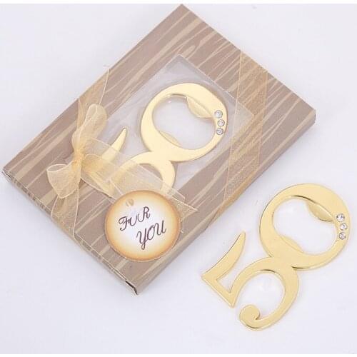 100pcs/lot 50 Anniversary Gold Beer Bottle Opener Metal Openers For Wedding Souvenirs for guests Birthday Party Gifts Favors
