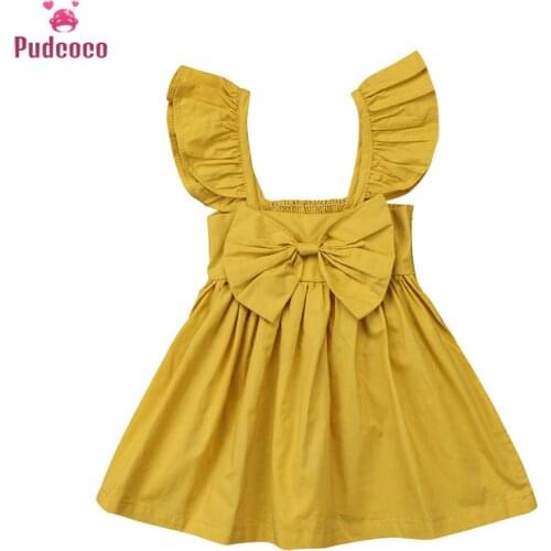 2 Colors Solid Yellow Pink Cute Ruffles Dress Baby Girl Clothes Newborn Kids Sleeveless Bowknot Summer Princess Dresses Outfits
