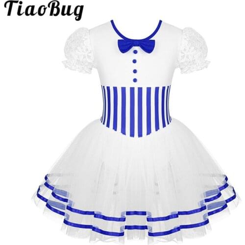 TiaoBug Kids Lace Short Sleeves Striped Mesh Tutu Ballet Figure Skating Dress Gymnastics Leotard Girls Performance Dance Costume