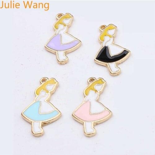 Julie Wang 10pcs Enamel Girl In Dress Charms Alloy Gold Tone Multicolor Pendant Necklace Bracelet Jewelry Making Accessory