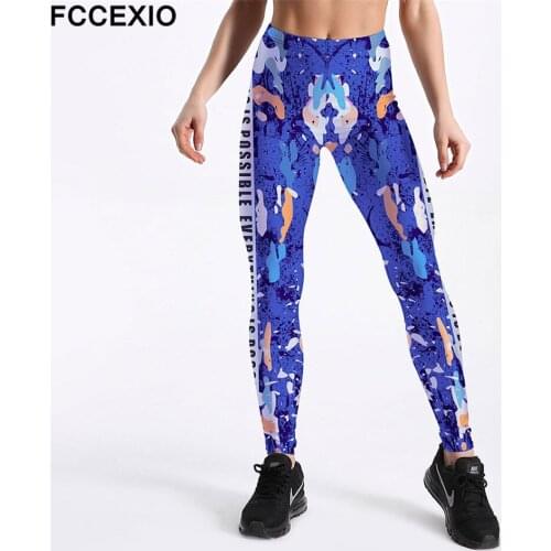FCCEXIO 2019 New Women Leggings Side Black Alphabet Printed Workout Leggings Fitness Pants Fashion Plus Size Camo Trousers