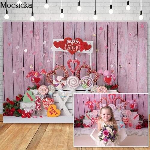 Mocsick Valentines Sweet Shoppe Photography Backdrops Pink Wood Wall Children Photo Booth Background For Photo Studio Photocalls