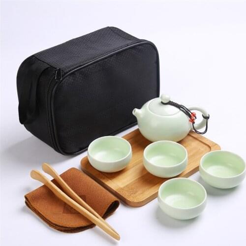 Handmade Chinese Japanese Vintage Kungfu Gongfu Tea Set Porcelain Teapot Teacups Bamboo Tea Tray Tea Mat with a Portable Bag New