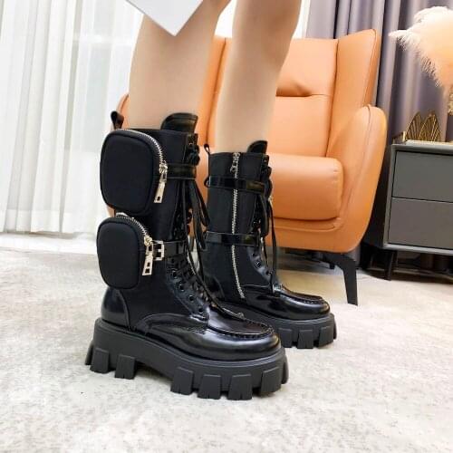 Classic Womens Boots Genuine Leather Lace Up Boots Top Quality Mid Calf Motorcycle Boots Round Toe Brands Designer Casual Shoes