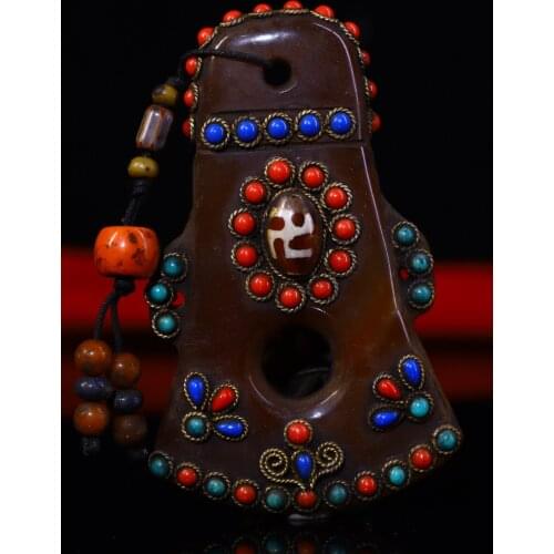 4"Tibet Temple Collection Old Natural agate Filigree mosaic Gem Dzi Bead Buddhist instruments Pendant amulet Town House Exorcism