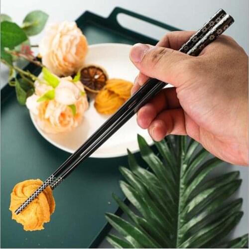 Korean 304 Stainless Steel Sanding Square Non Slip Chopsticks Auspicious Flower Laser Design Japan