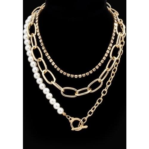KunJoe Women Vintage Multilayer Geometric Necklace OT buckle Imitation Pearl Choker Ladies Iced Out Tennis Chain Bohemia Jewelry