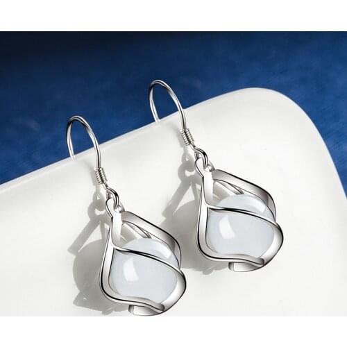 Fashion 925 Sterling Silver Earrings for Women Girl High Quality Twist Design Round Opal Stone Dangle Earring Party Jewelry Gift