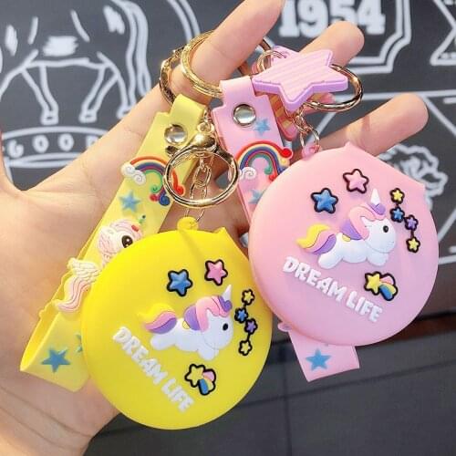 Cartoon Unicorn Makeup mirror Pendant Keychain Silicone Bag Charm For Men And Women Car Keychain Keyring Jewelry Decoration Gift