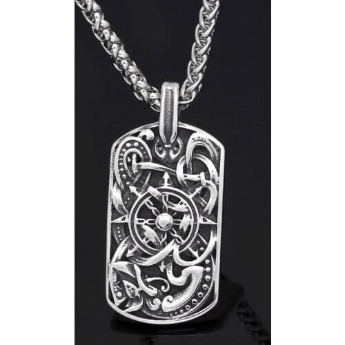 Men stainless steel viking odins wolf amulet compass dog tag pendant necklace with viking figt bag