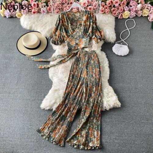 Neploe Summer Floral Suit Two Piece Outfits for Women V-neck Shirt Crop Tops Pleated Wide Leg Pnats Femme Roupas 2 Piece Set