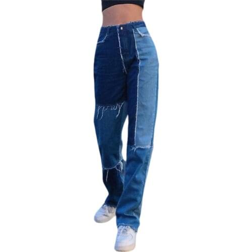 2021 New Spring and Autumn Women Stitching Contrast Jeans Women High Waist Leggings Straight-Leg pants Blue Size -S / M / L