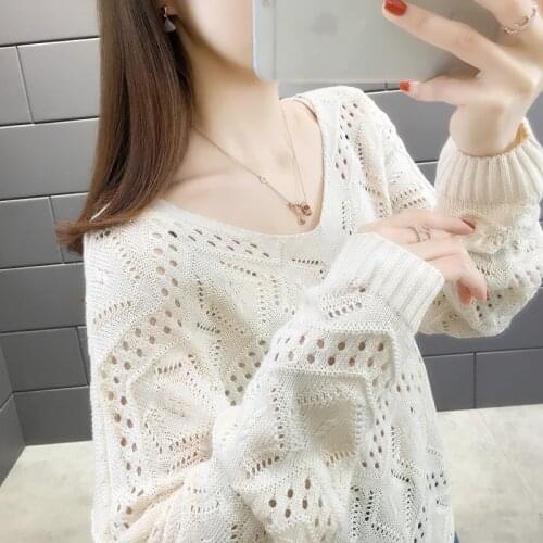 Spring New Knitted Hollow Out Women Sweater Pullover V-Neck Long-Sleeve Loose Casual Short Pull Femme Female Knitwear Tops G1145