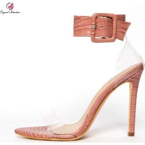 Original Intention Elegant Women Sandals Transparent Stiletto Heels Sandals Summer Pink Snake Green Gold US Plus Size 5-10.5