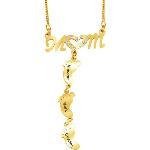 Customized Crystal Mum Pendant Necklaces Stainless Steel Name Baby Feet Necklace for Women Personalized Gifts