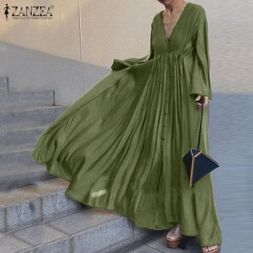 Vintage Solid Shirt Dress Women Spring Sundress ZANZEA Casual Long Sleeve Maxi Vestidos Female V neck Baggy Robe 7