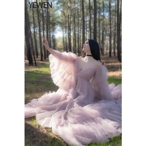 New Elegant Tiered Tulle Photo Shoot Gowns for Pregnancy Women Off-the-Shoulder High Slit Photoshoot Maternity Dresses Ruffles