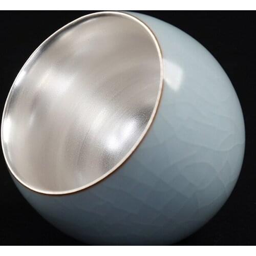 Sterling 999 Silver Gilt Ceramic Kung Fu Tea Cup Silver Crack Glaze Egg Shape Teacup 100ml