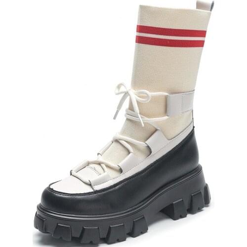 RASMEUP 2020 Lace-up Thin Elastic Socks Boots New Natural Leather Flat Platform Short Chelsea Boots Strapped Shoes for Women