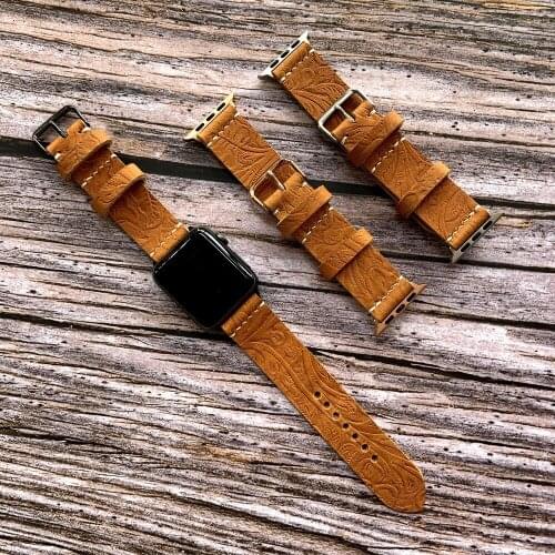Retro Luxury Flower Texture Carved Real Leather Band For Apple Watch 38mm 40mm 42mm 44mm Strap For iWatch Bracelet Series 3 4 5