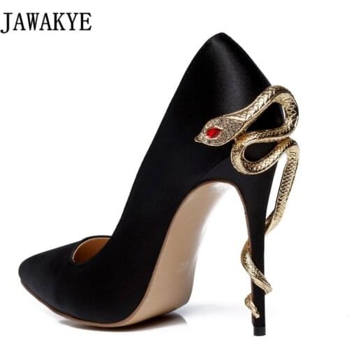 Luxury Satin Wedding Shoes Woman Sexy Pointed Toe Metal Snake High Heel Shoes Lady Pumps