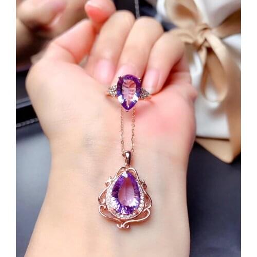 The Best Gift for Your loved Girl Amethyst jewelry set Natural Real Amethyst 925 sterling silver 1pc pendant,1pc ring