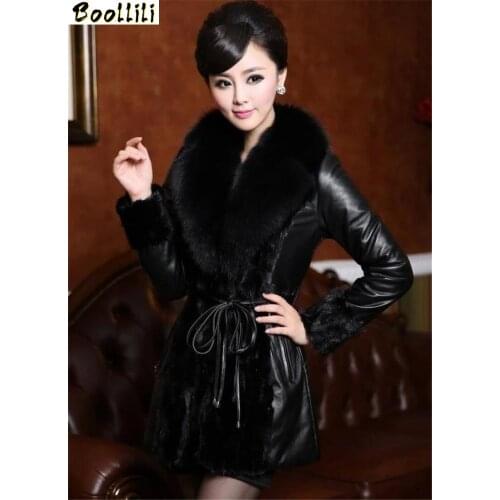 Boollili Faux Fur Coat 2020 High Quality Women PU Leather Jackets Imitation Fox Fur Collar Plus Size Womens Winter Coats