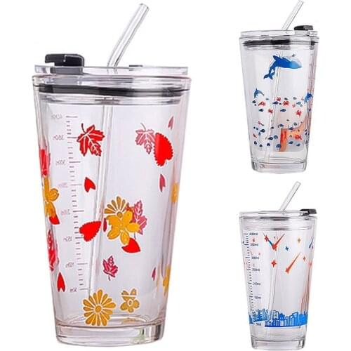 400ML Glass Straw Cup with Scale Transparent Korean Style Large Capacity Drinking Juice Bottle Graduated Drinkware