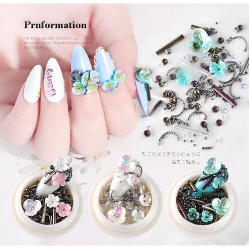 1 Box Glass Tube Natural Shell Flower 3D Nail Art Decorations Pearl Crystal Rhinestone Beads Metal Rivet Jewelry DIY Accessories