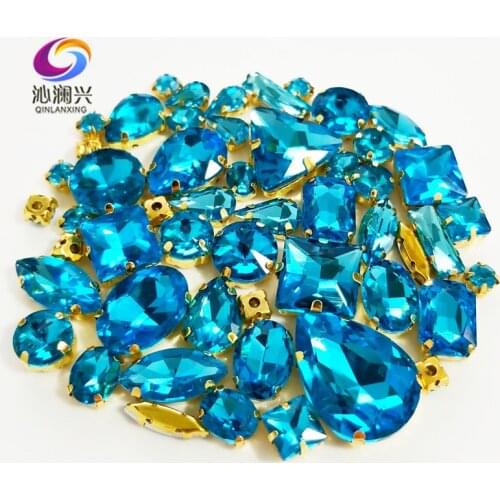 58pcs/pack Super flash 3D lake blue mix shape top crystal glass sew on stones,gold base claw rhinestone diy/jewelry accessories