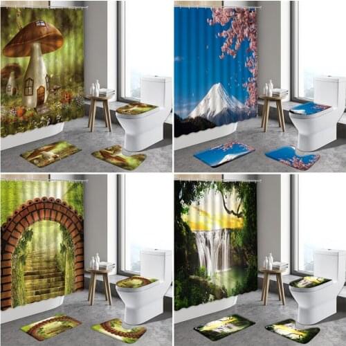 Dream Scenery Shower Curtain Mushroom House Waterfall Cherry Blossom Bath Curtains Bathroom Decor Non-Slip Rug Toilet Bath Mats