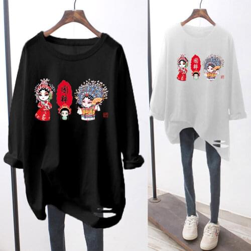 New Womens 2021 Korean Fashion Print Round Neck Long Sleeve White T-shirt Top Vintage Streetwear Graphic T Shirts
