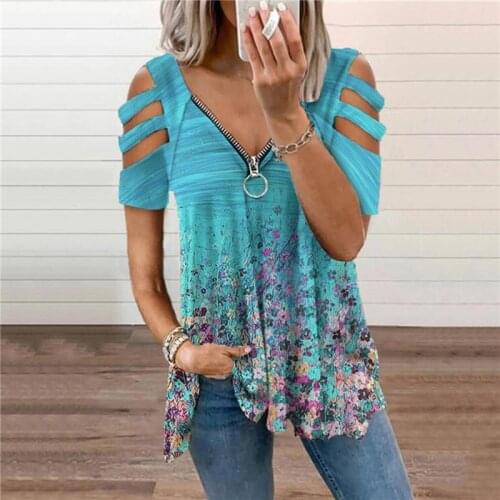 Women Casual Zipper T-Shirt Harajuku Loose Star Printed T-shirts Vintage Sexy Printed Hollow Out Off Shoulder T-shirt Tops