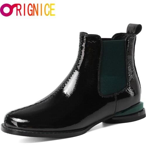 Orignice New Arrival Chunky Heels Women Genuine Patent Leather Round Toe Chelsea Ankle Boots Runway Color Matching Party Shoes