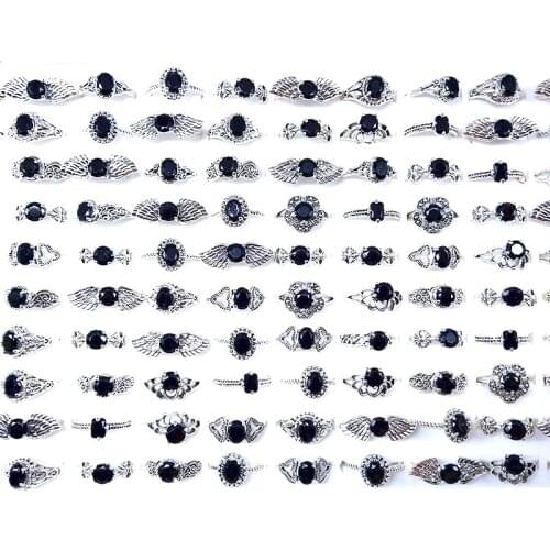 MixMax 10 Pieces Womens Rings Vintage Black Glass Crystal Ancient Silver Plated Retro Style Jewelry Party Gifts Wholesale Lot