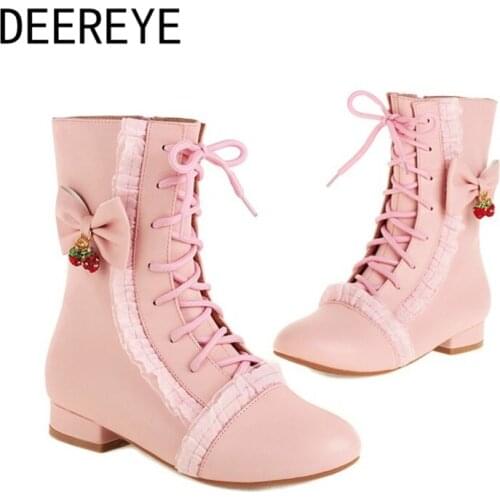 Size 48 Strawberry Pendant Bow-Knot Womens Winter Rubber Ankle Boots Lovely Sweet Lace Up Zipper Lolita Cosplay Low Heel Shoes