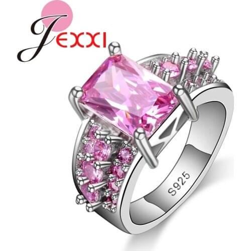 Fashion Bridal Bague Wedding Jewelry Princess Cut Pink CZ Crystal 925 Sterling Silver Engagement Party Rings For Women