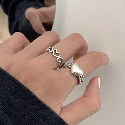 VENTFILLE 925 Sterling Silver LOVE Heart Rings for Women Couples New Fashion Vintage Punk Hollow Geometric Party Jewelry Gifts