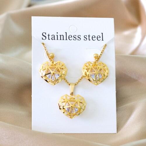 Gold/Silver Color Heart Shape Necklace and Stud Earrings with Cubic Zirconia Stainless Steel Jewelry Set for Girl Women