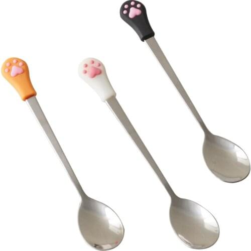 2 PCS Pet Can Cat Food Spoon Stainless Steel Durable with Silicone Wrapped Cute Soft Cat Paw Design Coffee Spoon