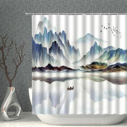 3D Chinese Style Ink Painting Shower Curtain Mountain Water Fabric Bathroom Supplies Decor With Hooks Cloth Curtains Washable