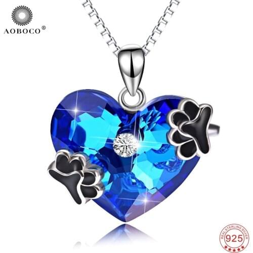 AOBOCO Big Blue Heart Cute Dog Pet Paw Love Pendants Necklaces Crystal From Swarovski For Women Girl Choker Fine Jewelry