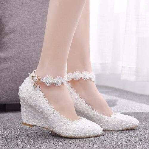 White Flower Wedding Shoes Lace Pearl Sweet Bride Dress Beading High HeelsWedges Sandals 8CM Women Pumps