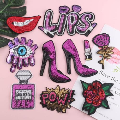 Sex Women Sequin Patches Lipsticks Rose Flower Iron On Patches Clothing Jeans Backpacks DIY Sew Applique Ironing Badges Stickers