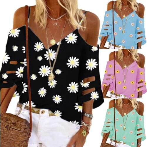 2020 Plus Size Women V Neck Hollow out 3/4 Sleeve Sunflower Print T-shirt Cold Shoulder Blouse