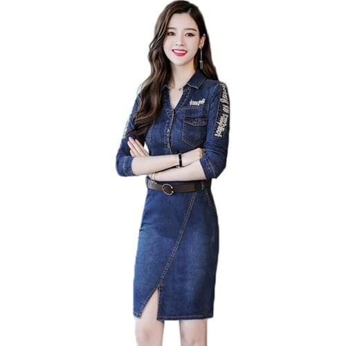 Autumn Jeans Dress With Sashes Streetwear Long Sleeves Denim Pencil Dresses Vintage Casual Package Hips Dress Femme Vestidos 214