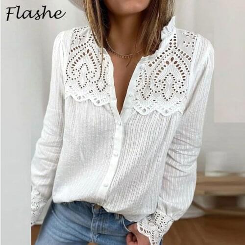 Elegant Lace Shirt Women Sexy Hollow Out V Neck Shirts For Women Top 2021 Spring Autumn Long Sleeve Office Lady Casual Tee