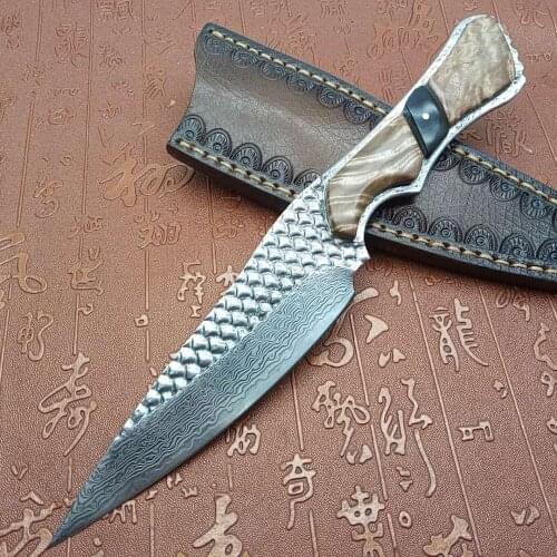 Damascus Steel Fixed Knife Wooden Handle VG10 High Hardness Straight Knife Outdoor Survival Hunting Tool Collection Gifts