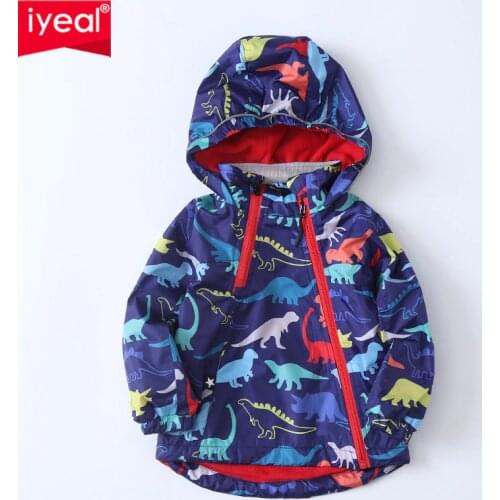 IYEAL Boys Rain Jacket for Winter Children Outdoor Dinosaur Raincoats Kids Detachable Hooded Outerwear Coats with Fleece Liner